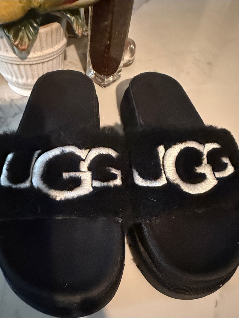 UGG Black Fur Logo Slide Sandals with White Embroidery Like New!!